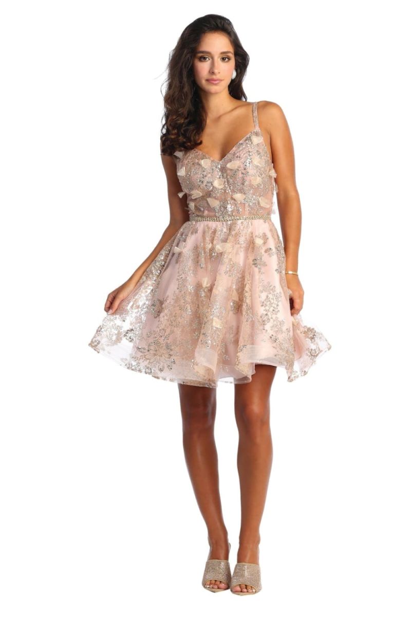 Rosegold V-Neck Short Mesh Cocktail Dress Lace May Queen MQ1894