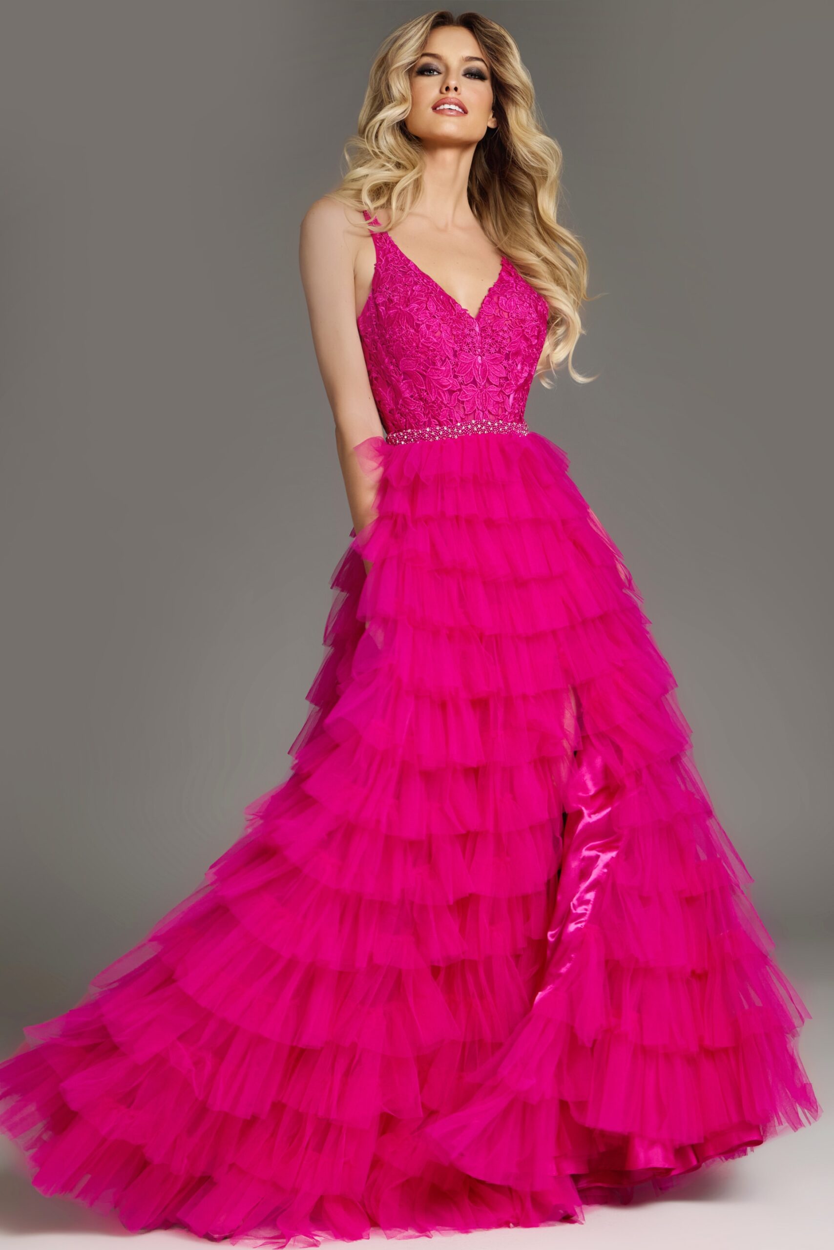 Jovani 37001 Sleeveless Embellished Bodice Layered High Slit Prom Dress