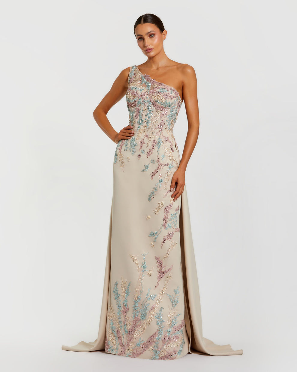 Formal Dresses Pleated Floral Long Formal Beaded Sequin Prom Dress Mac Duggal 37012 Champagne Multi