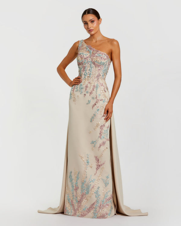 Pleated Floral Long Formal Beaded Sequin Prom Dress Mac Duggal 37012