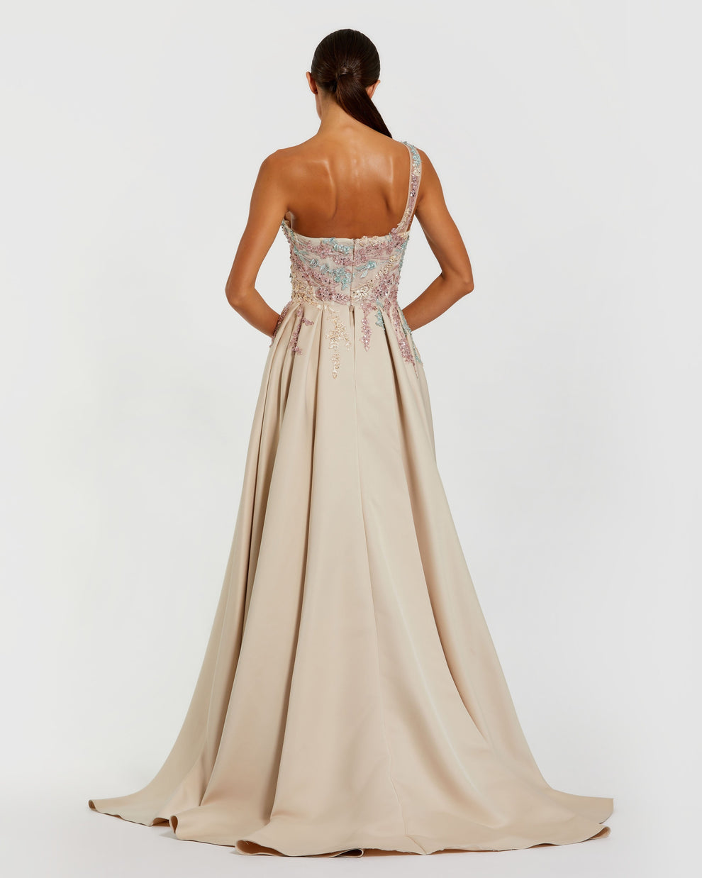 Formal Dresses Pleated Floral Long Formal Beaded Sequin Prom Dress Mac Duggal 37012 Champagne Multi