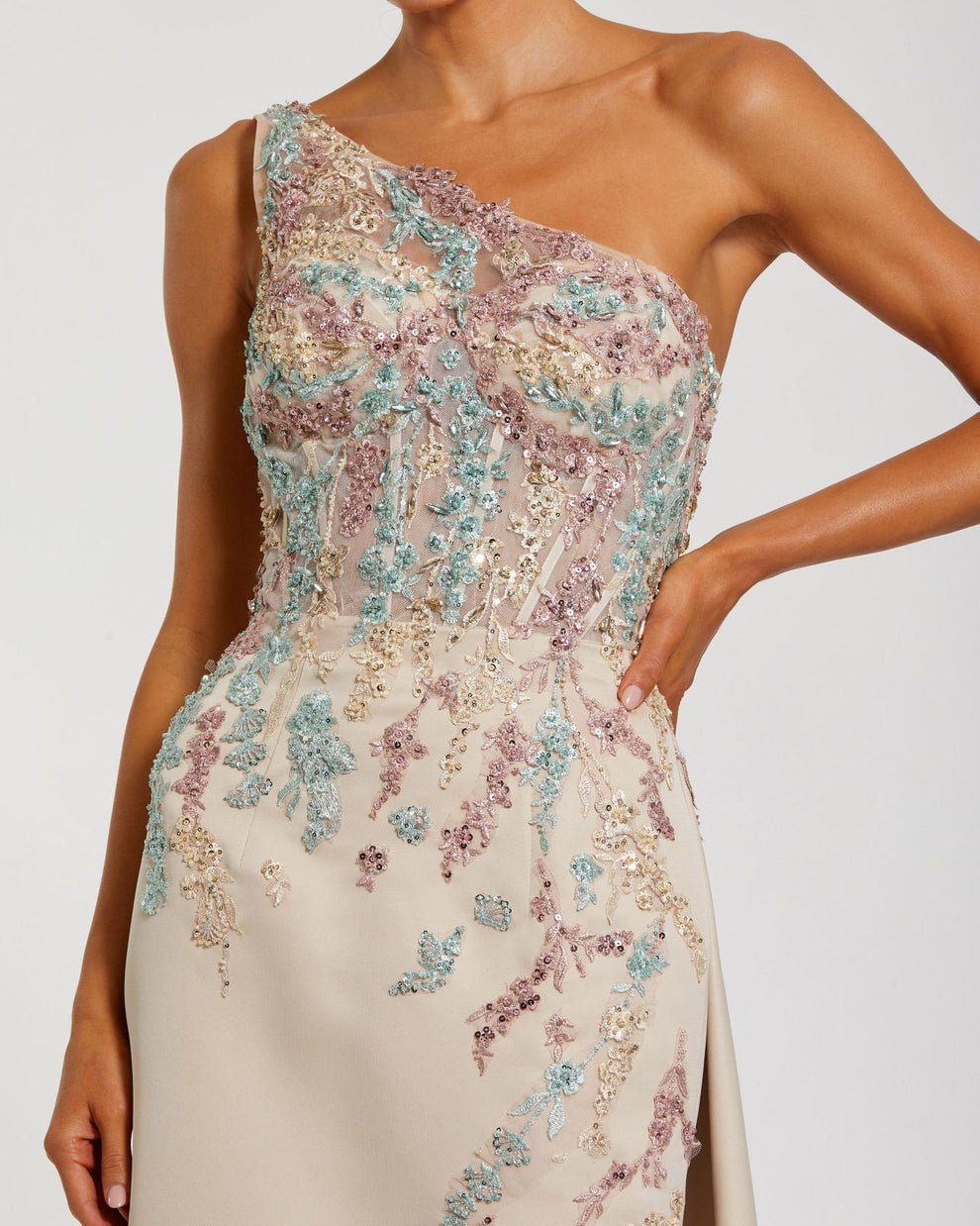 Formal Dresses Pleated Floral Long Formal Beaded Sequin Prom Dress Mac Duggal 37012 Champagne Multi