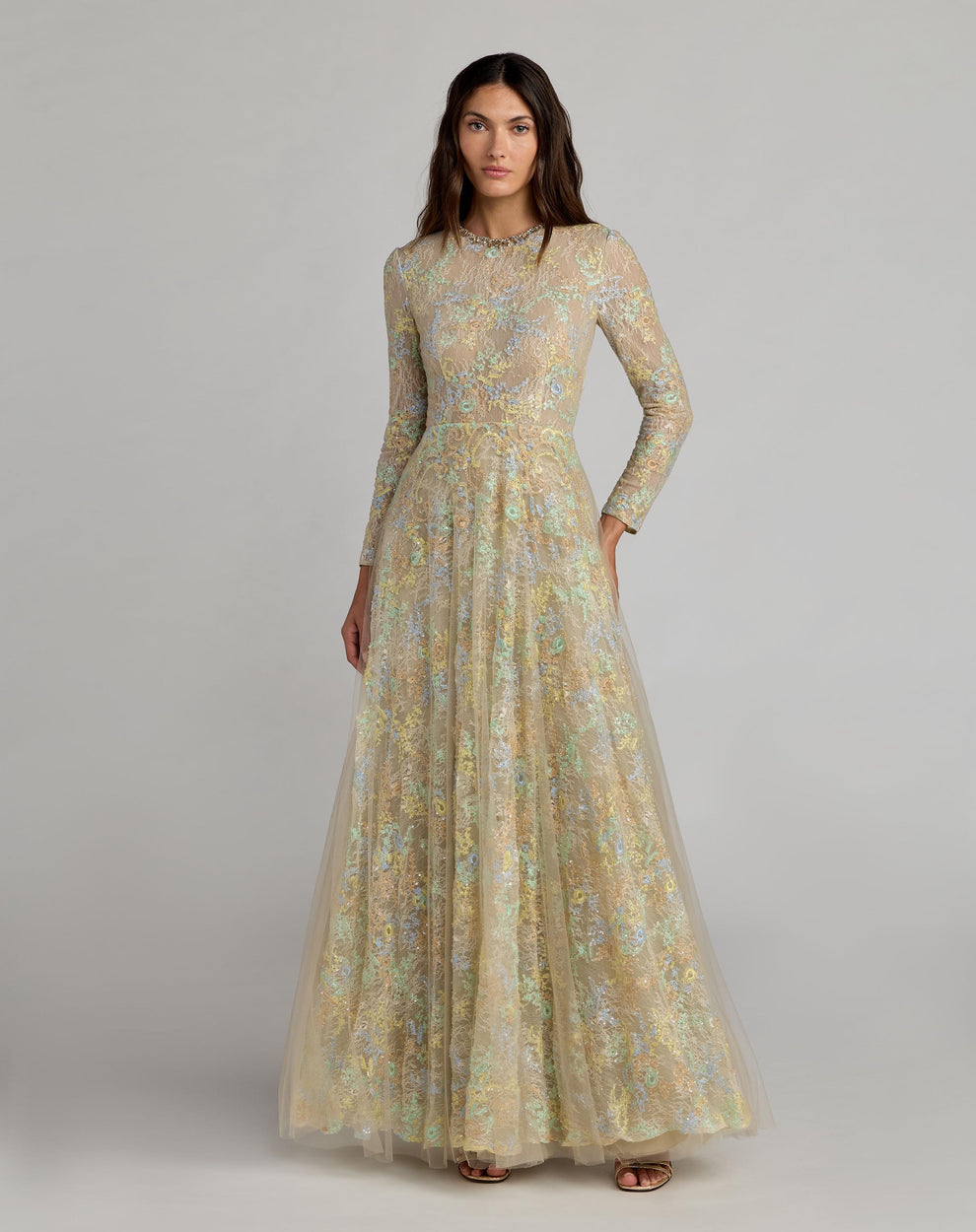 Mother of the Bride Dresses Long Sleeve Formal Lace A Line Mother of the Bride Dress Mac Duggal 37016 Nude Multi