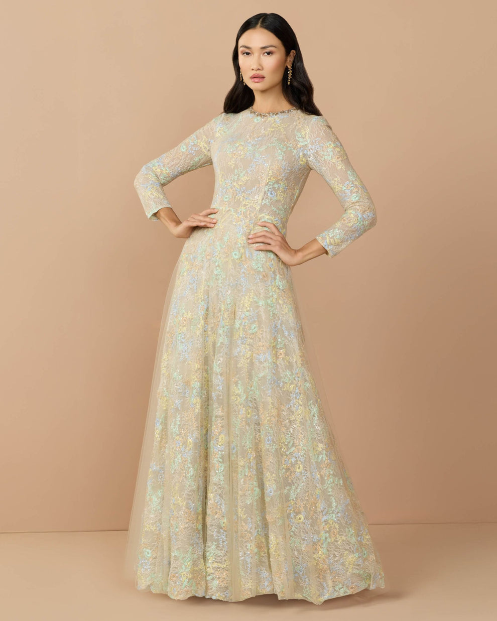 Mother of the Bride Dresses Long Sleeve Formal Lace A Line Mother of the Bride Dress Mac Duggal 37016 Nude Multi