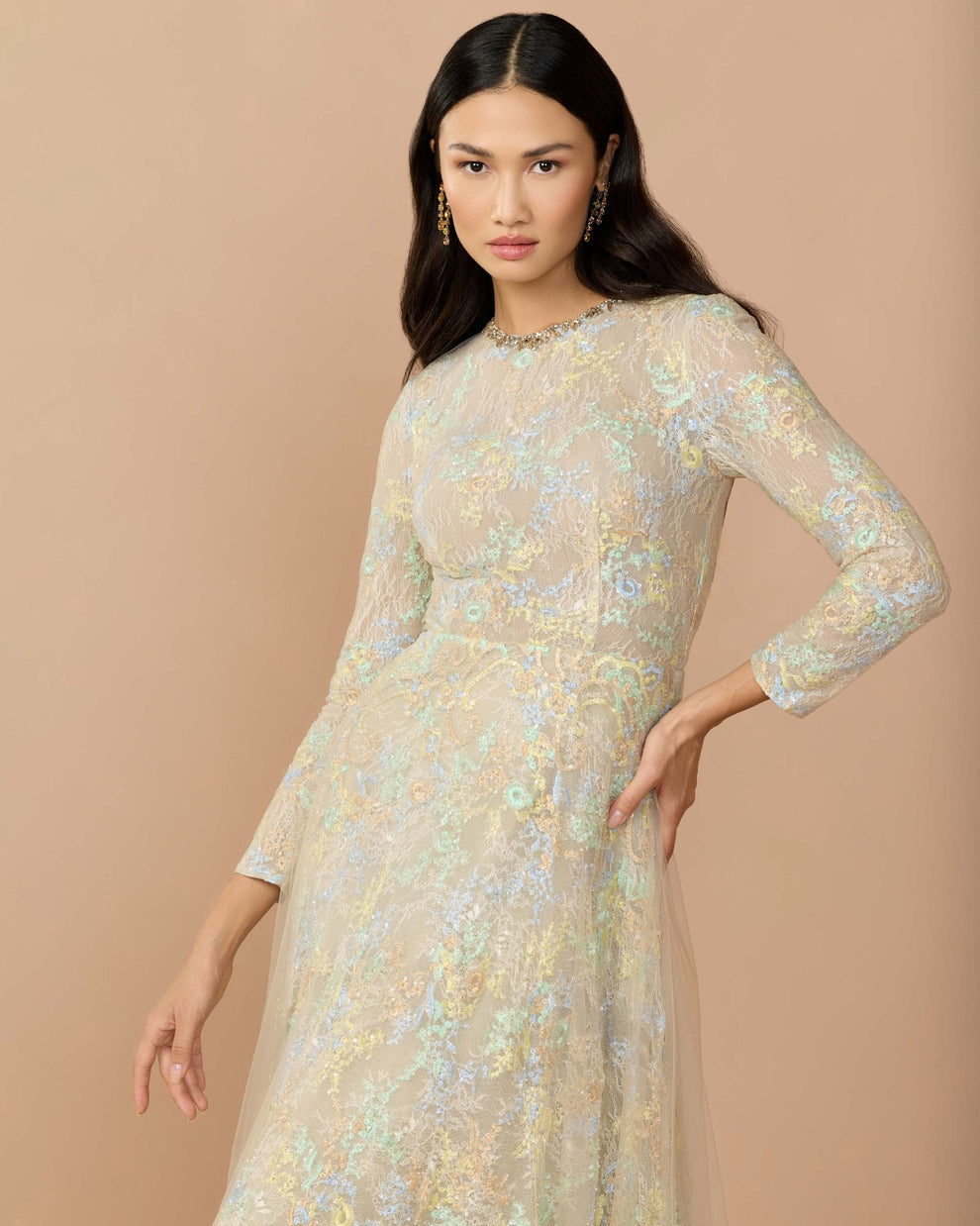 Mother of the Bride Dresses Long Sleeve Formal Lace A Line Mother of the Bride Dress Mac Duggal 37016 Nude Multi