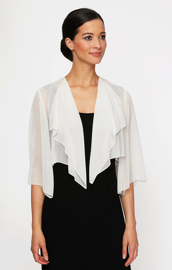 Ivory Open Front Short Sheer Chiffon Formal Cape Cascading Bolero Jacket Alex Evenings 370213
