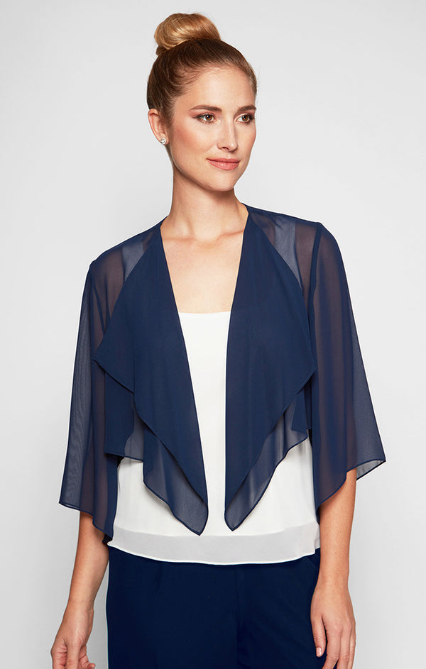 Navy Open Front Short Sheer Chiffon Formal Cape Cascading Bolero Jacket Alex Evenings 370213