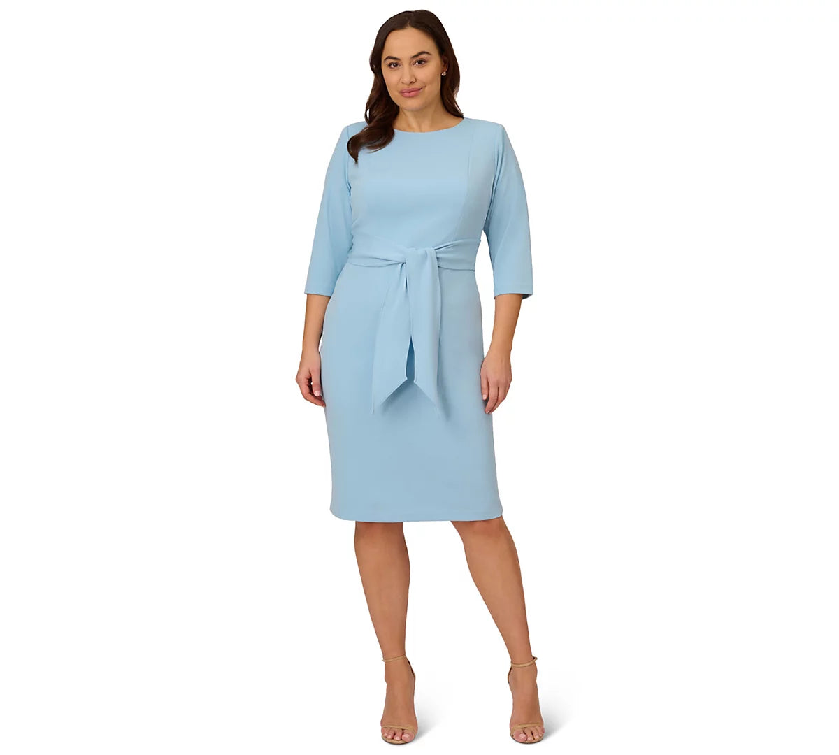 Blue Mist Adrianna Papell AP1D103175 Crew-Neck Knee-Length Crepe Cocktail Dress Tie