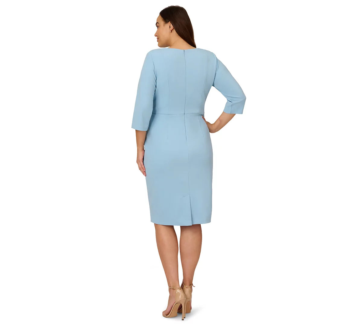 Blue Mist Adrianna Papell AP1D103175 Crew-Neck Knee-Length Crepe Cocktail Dress Tie