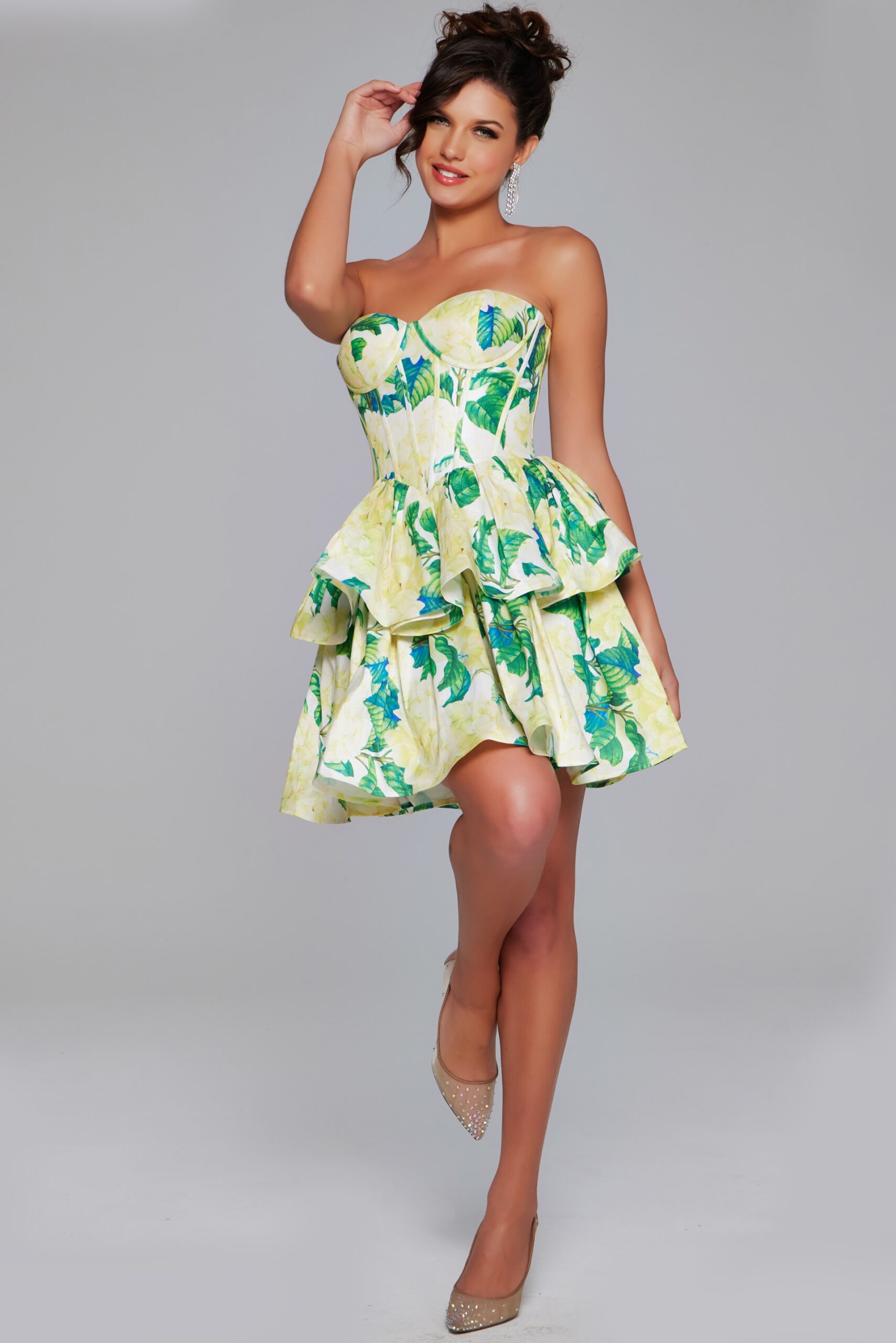 Cocktail Dresses Homecoming Short Floral Print Cocktail Dress Green/Yellow Print