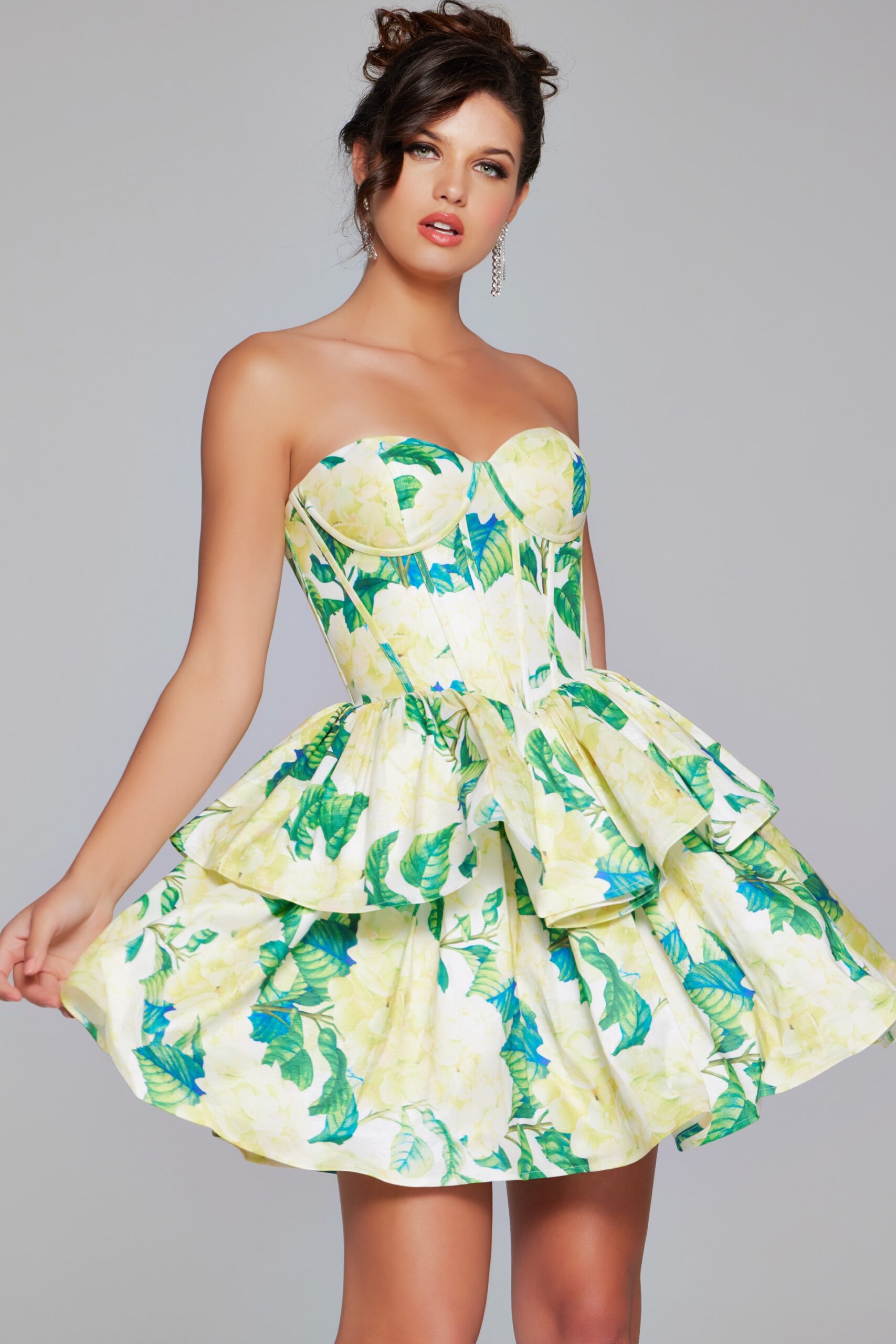 Cocktail Dresses Homecoming Short Floral Print Cocktail Dress Green/Yellow Print