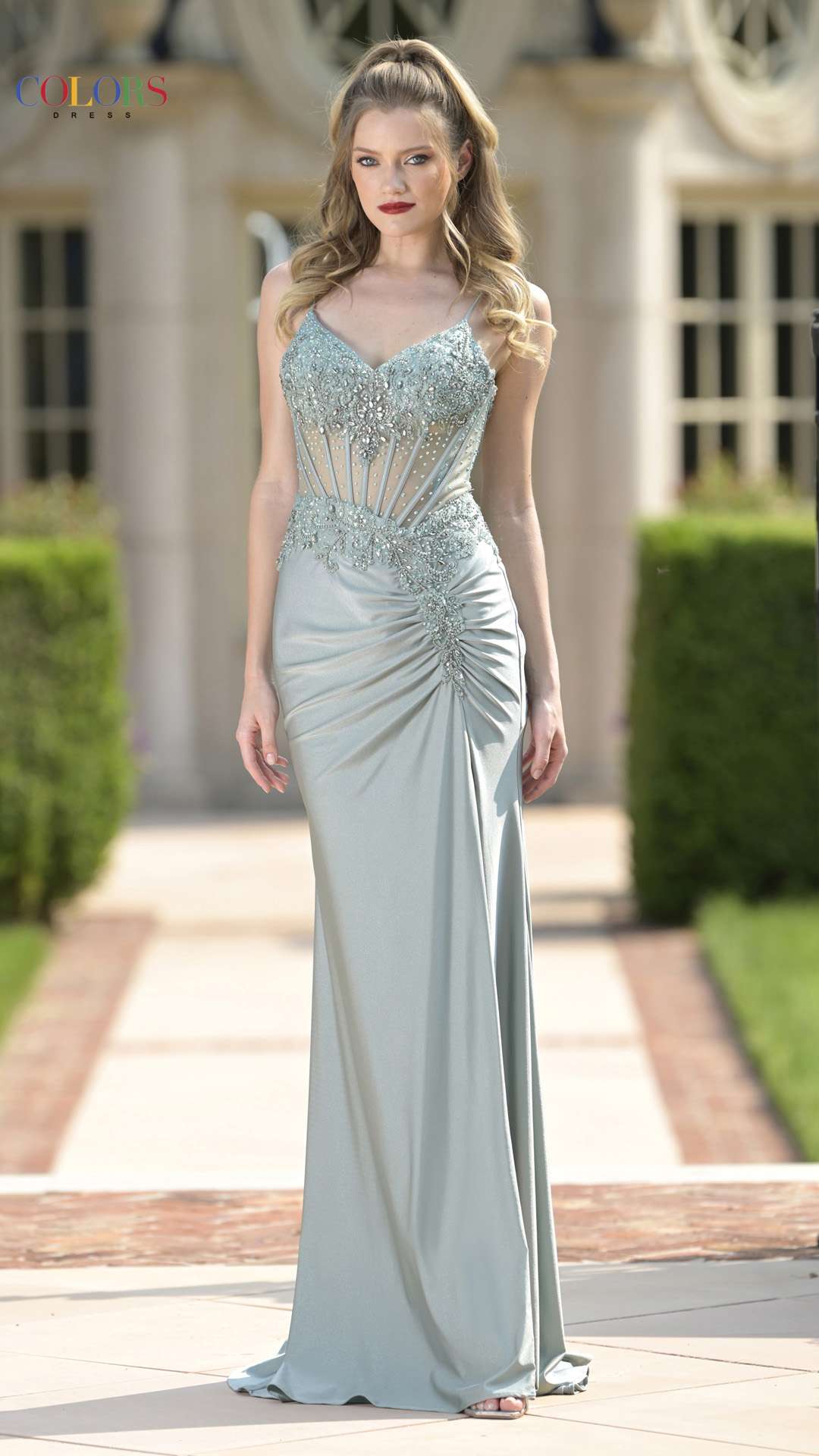 Prom Dresses Long Formal Beaded Fitted Corset Applique Prom Dress Sage