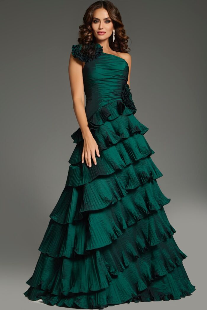 Formal Dresses Ruffle Long with Floral Formal Evening Dress Hunter