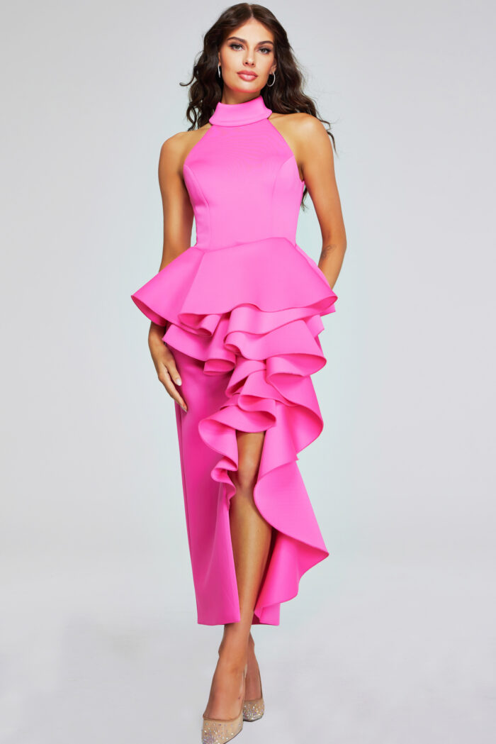 Formal Dresses High Low Formal Ruffle Evening Dress Deep-Pink