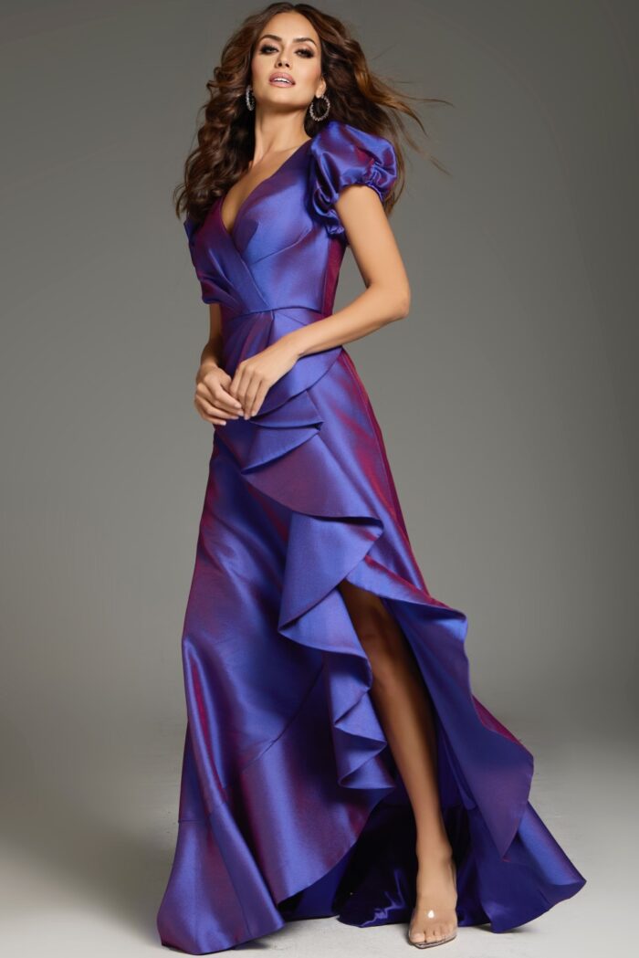 Formal Dresses Long Formal Ruffle Puff Sleeve Evening Dress Purple