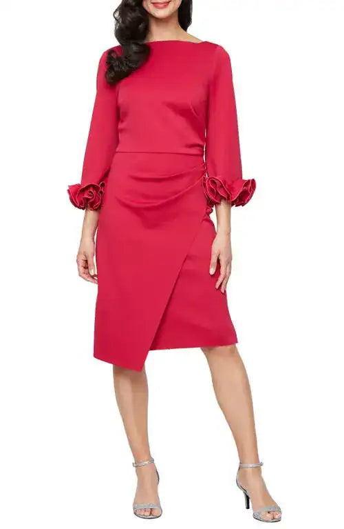 Short Stretch Crepe Sheath Dress with Boat Neckline and Ruffle Sleeve Detail Alex Evenings 8160516