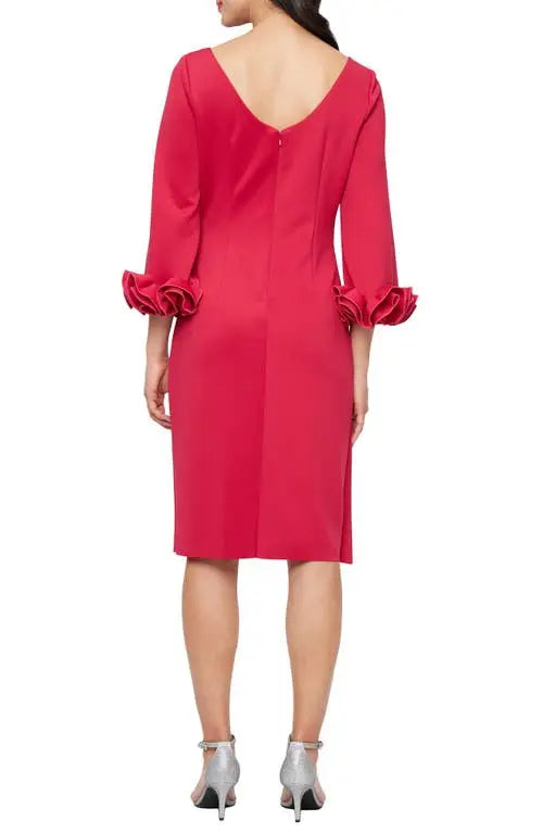 Short Stretch Crepe Sheath Dress with Boat Neckline and Ruffle Sleeve Detail Alex Evenings 8160516