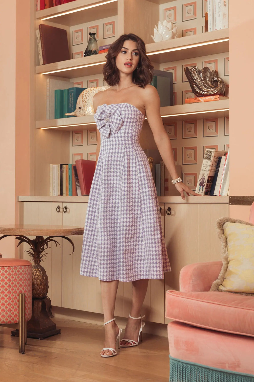 Lilac Strapless Knee-Length Boucle Tweed Cocktail Dress with Floral Detail Mac Duggal 37135