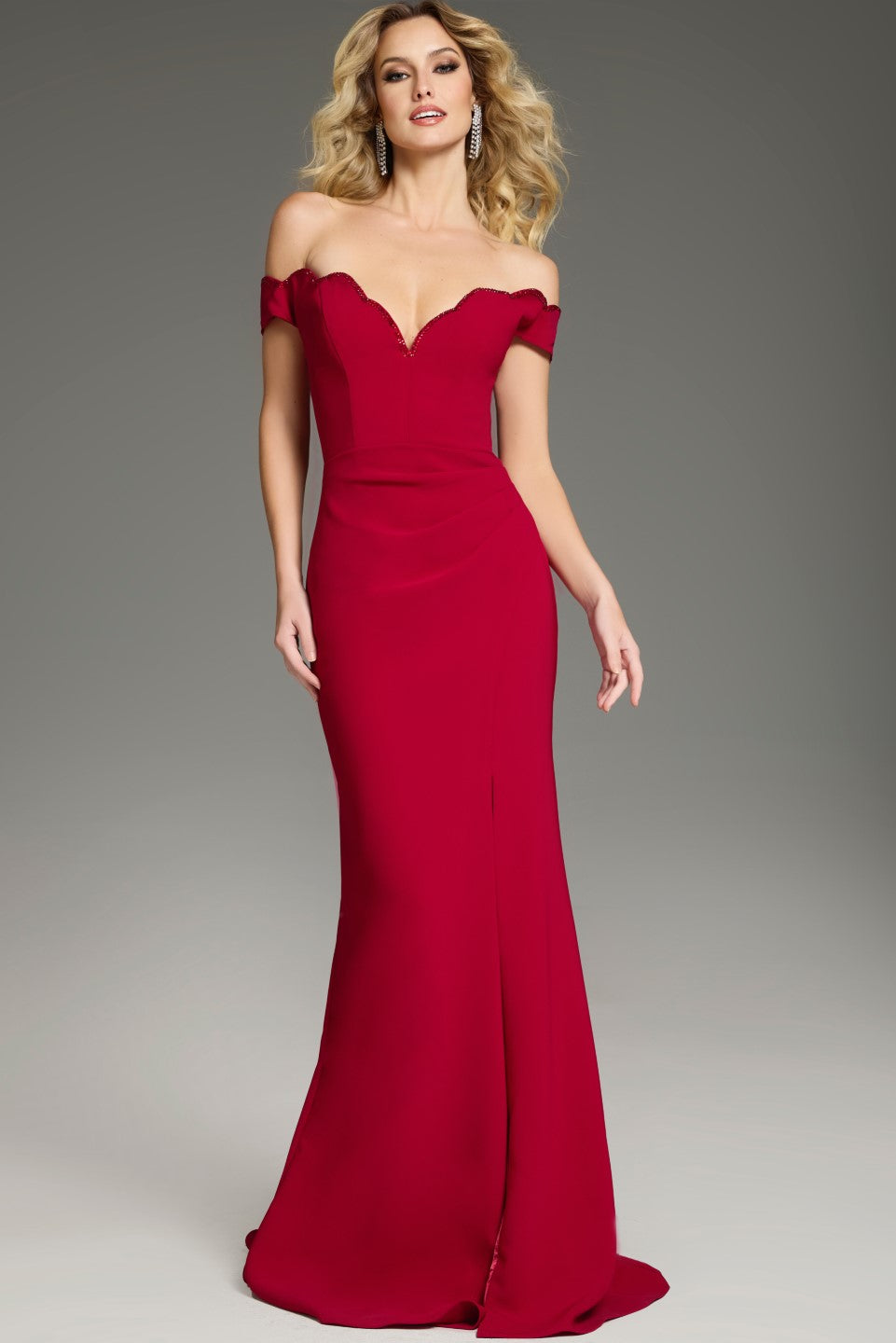 Formal Dresses Beaded Long Scalloped Neckline Formal Dress Cranberry