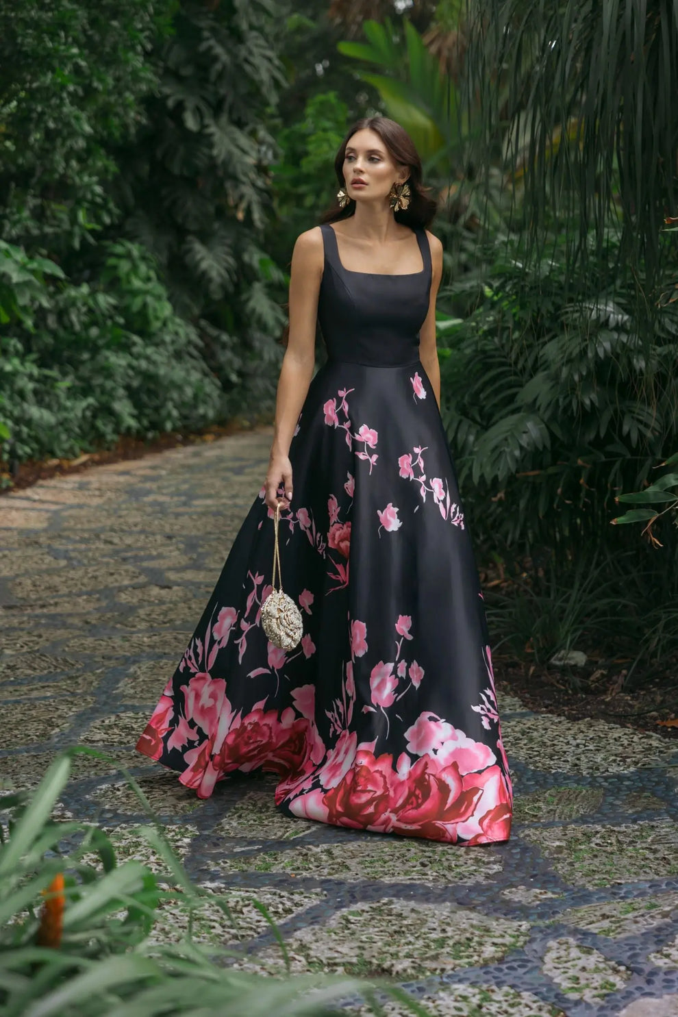 Square Neck Long Satin Floral Gown by Mac Duggal 37149 in Black Multi