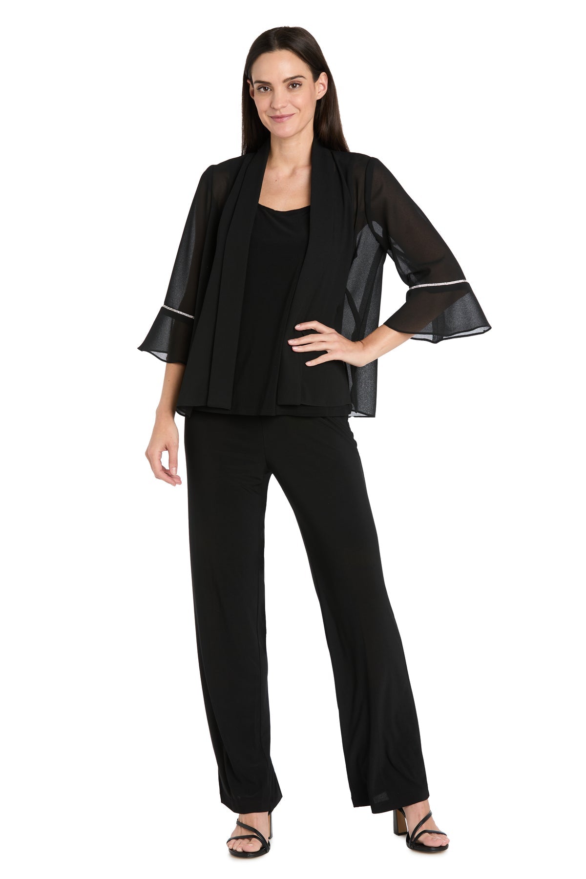 Open Front Bell Sleeve Chiffon Jacket by R&M Richards 3717 in Black