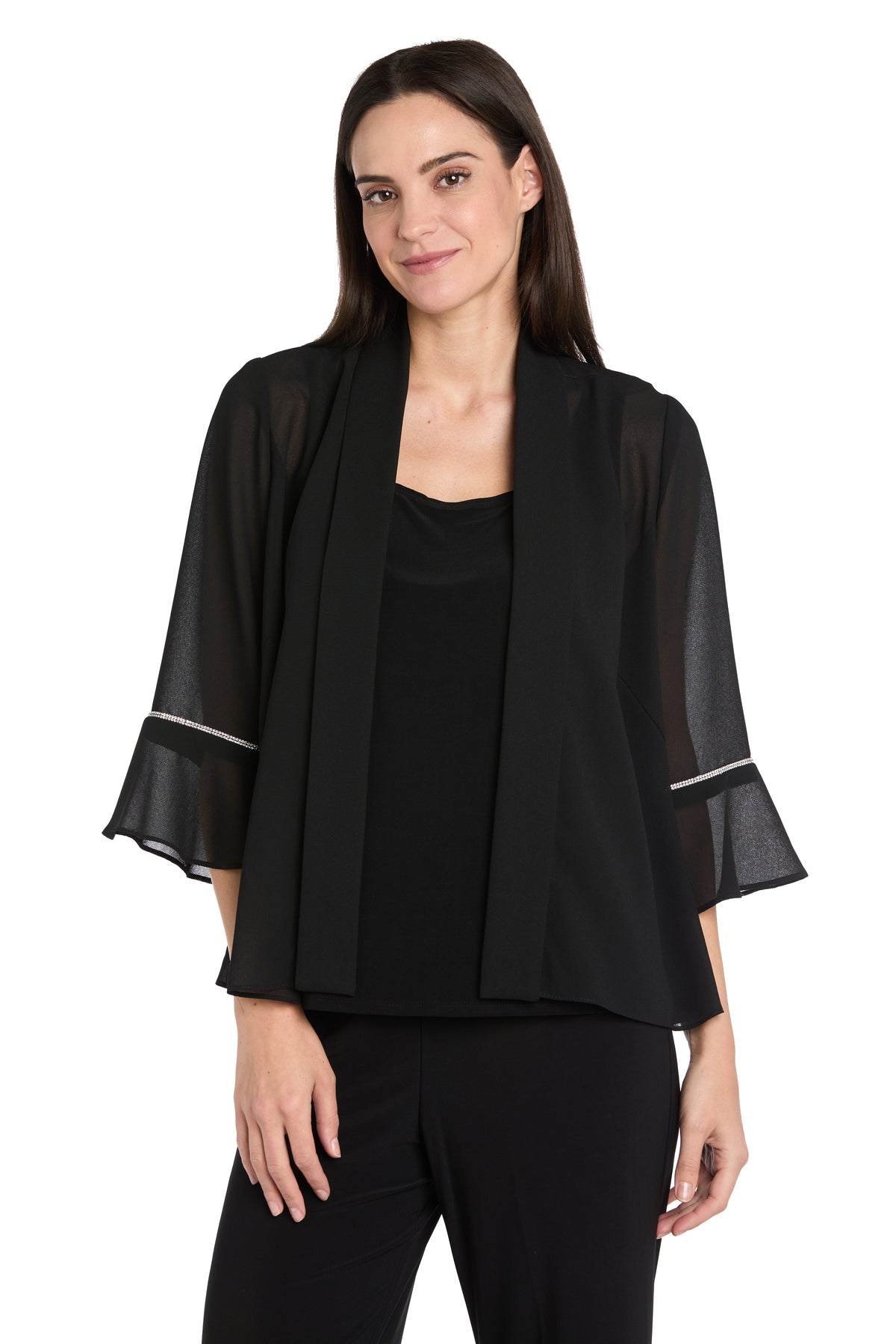 Open Front Bell Sleeve Chiffon Jacket by R&M Richards 3717 in Black