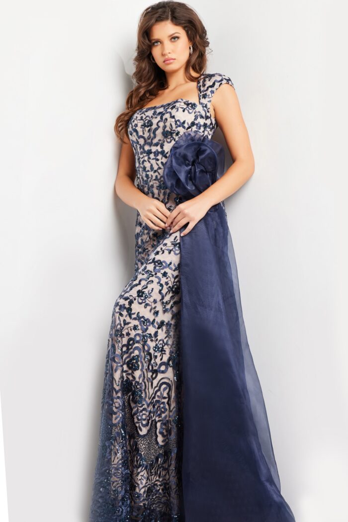 Formal Dresses Sequin Long Formal Lace Evening Dress Navy/Nude