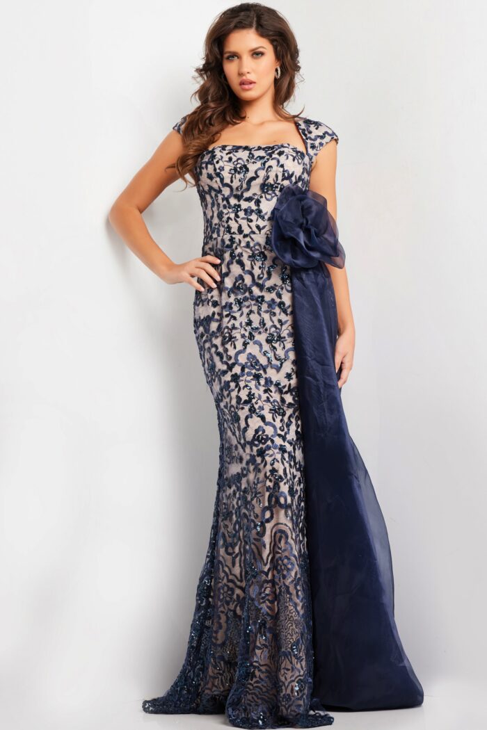 Formal Dresses Sequin Long Formal Lace Evening Dress Navy/Nude