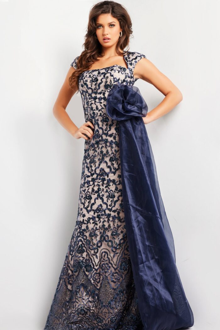 Formal Dresses Sequin Long Formal Lace Evening Dress Navy/Nude