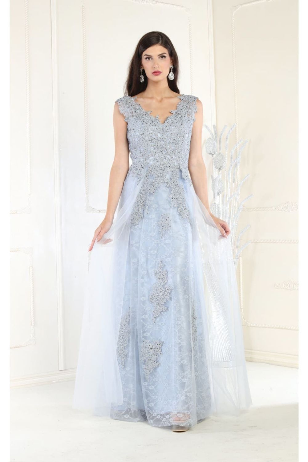 V-Neck Floor-Length Tulle Evening Gown A-Line May Queen 1799
