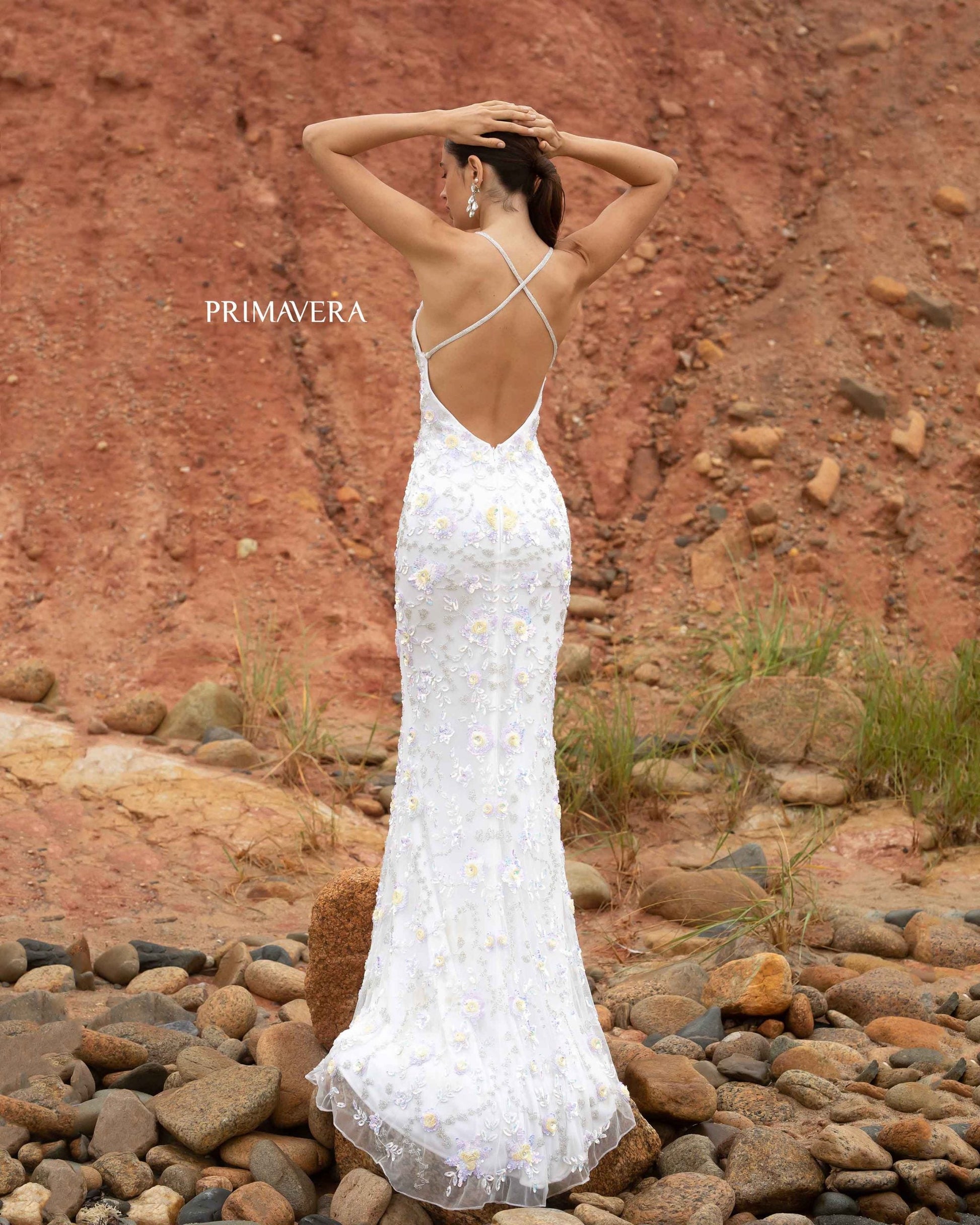 Primavera Couture 3731 Formal Beaded Long Prom Dress Ivory