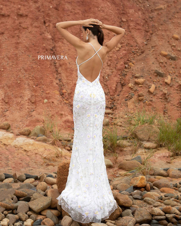 Primavera Couture 3731 Formal Beaded Long Prom Dress Ivory