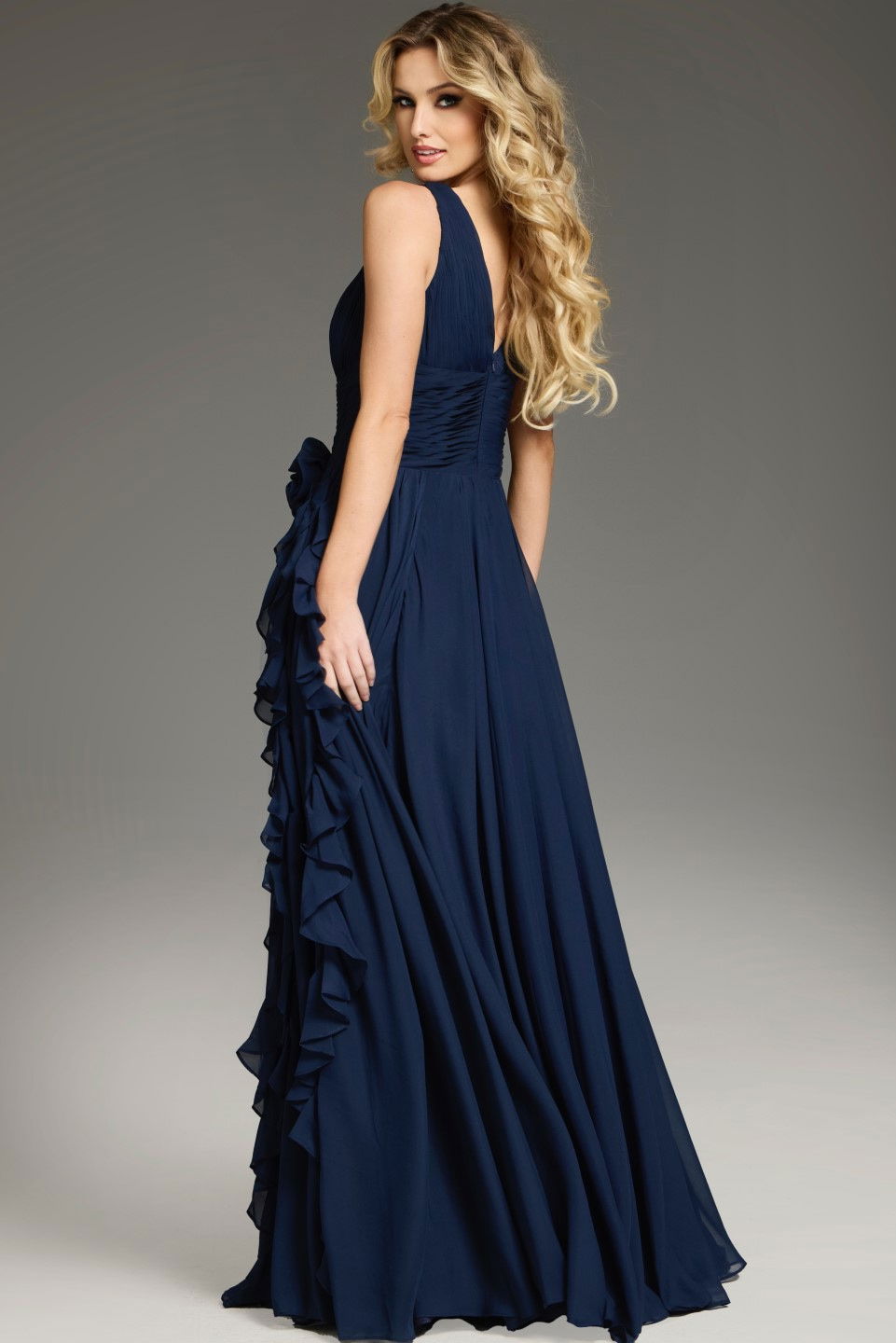 Formal Dresses Floral Long Formal Ruffle Evening Dress Jovani 37374 Navy