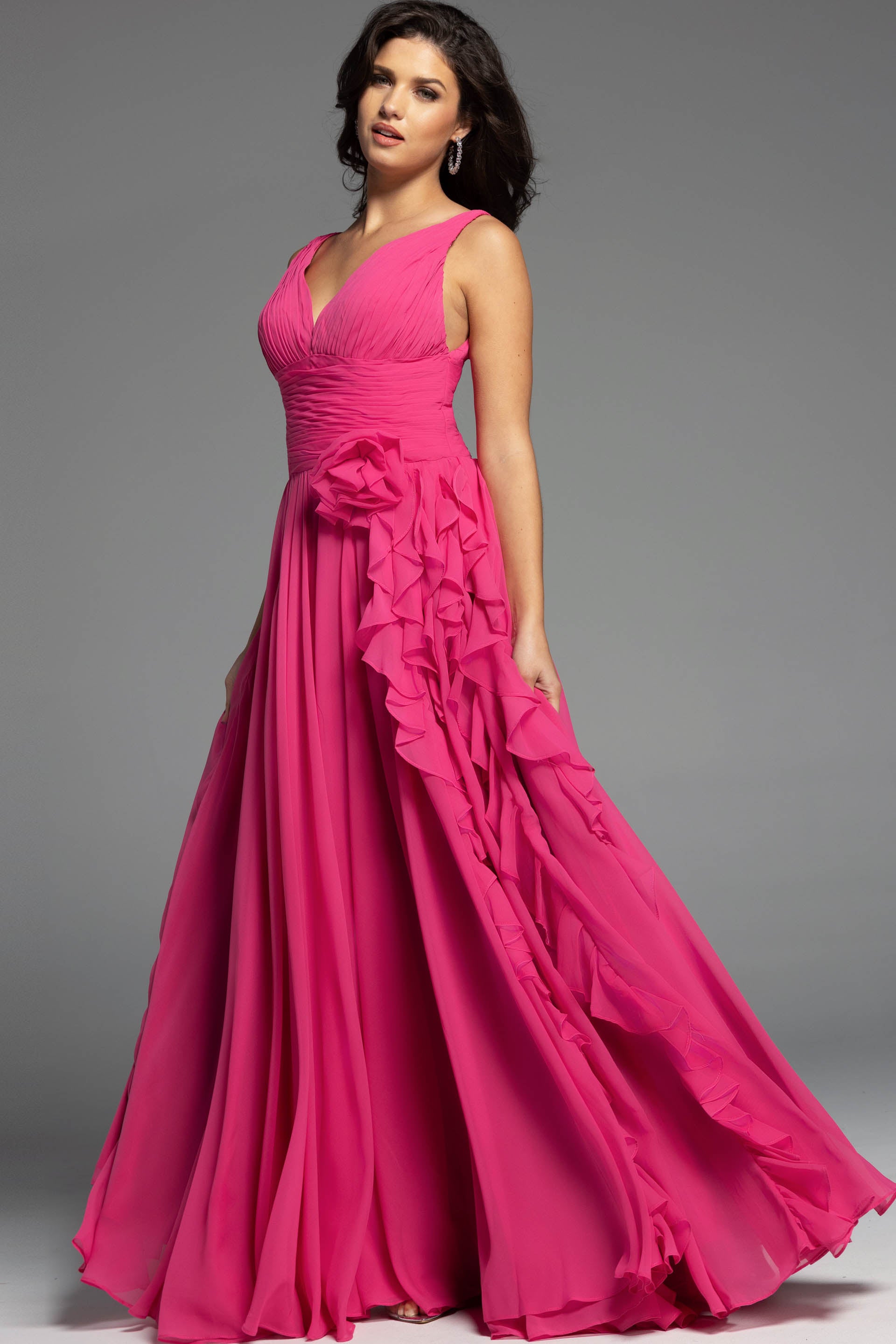 Formal Dresses Floral Long Formal Ruffle Evening Dress Jovani 37374 Hot-Pink