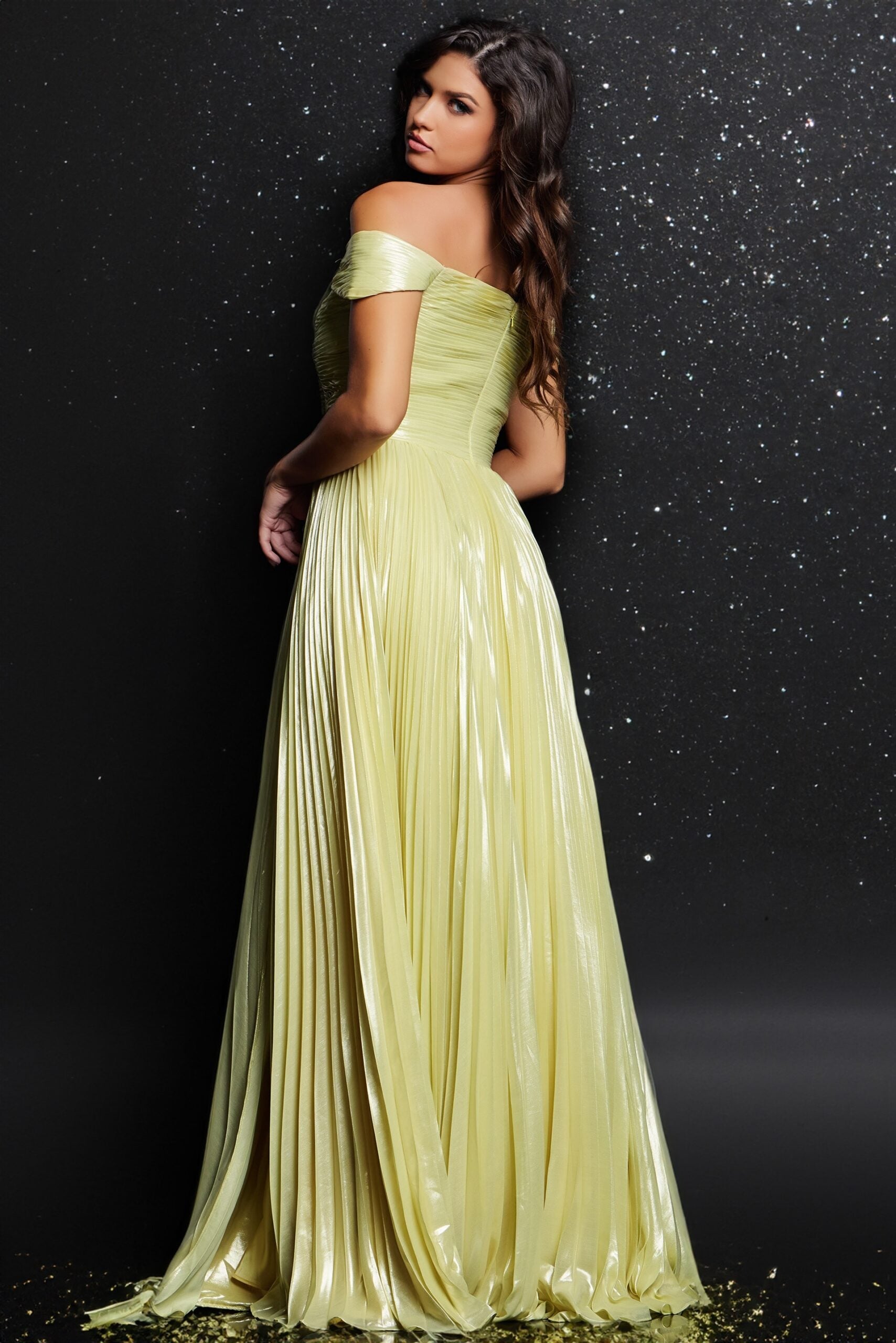 Prom Dresses A Line Long Formal Pleated Metallic Prom Dress Yellow