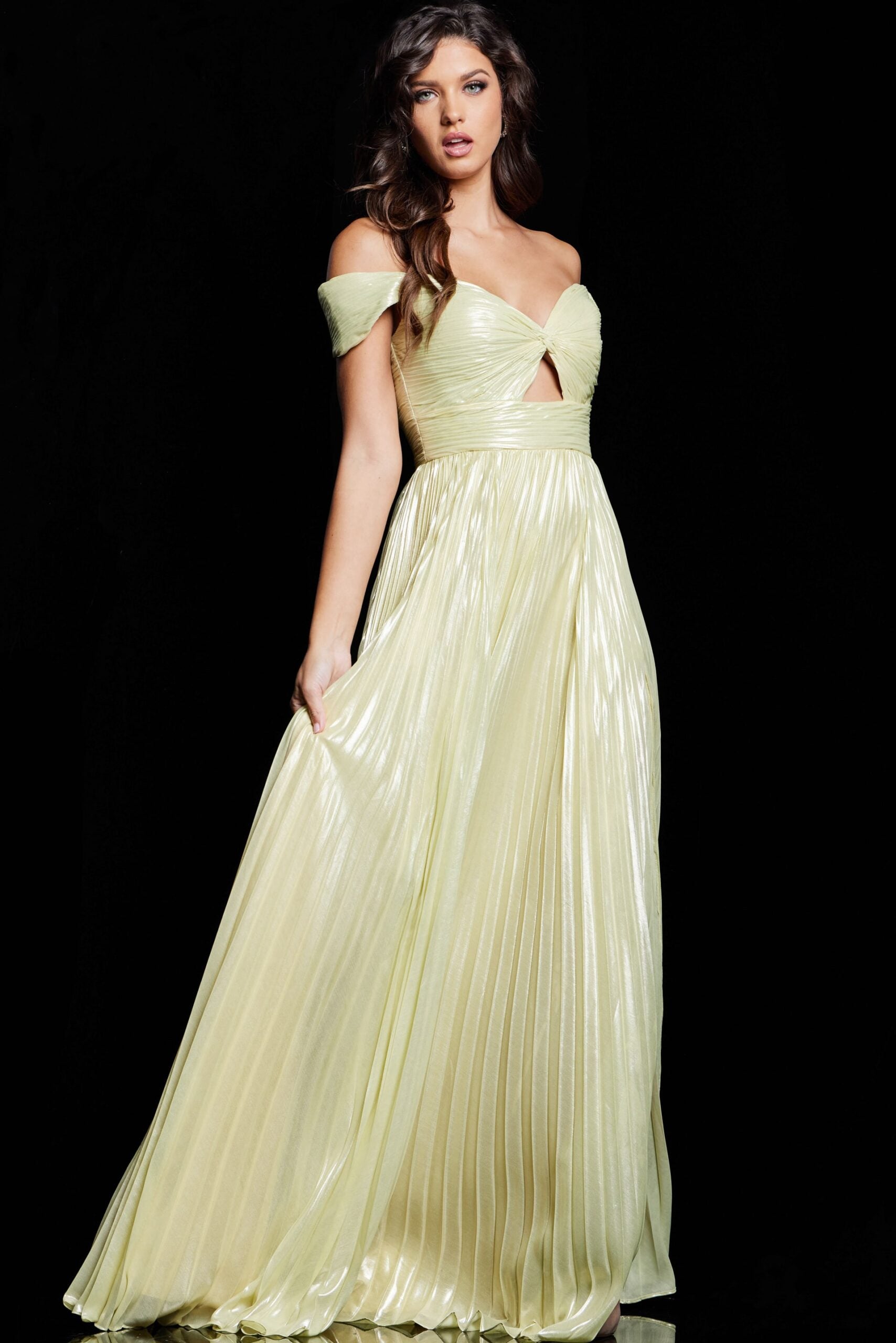 Jovani 37389 A Line Long Formal Pleated Metallic Prom Dress