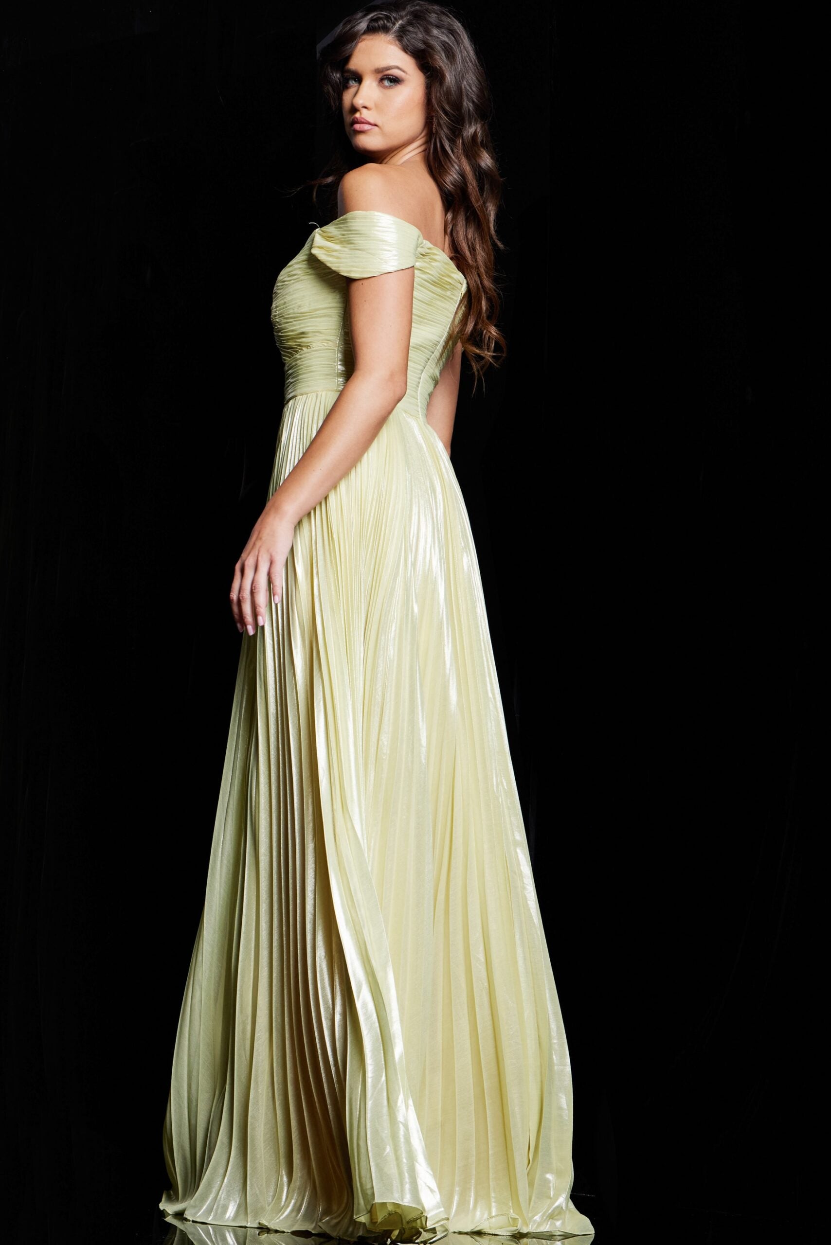 Jovani 37389 A Line Long Formal Pleated Metallic Prom Dress