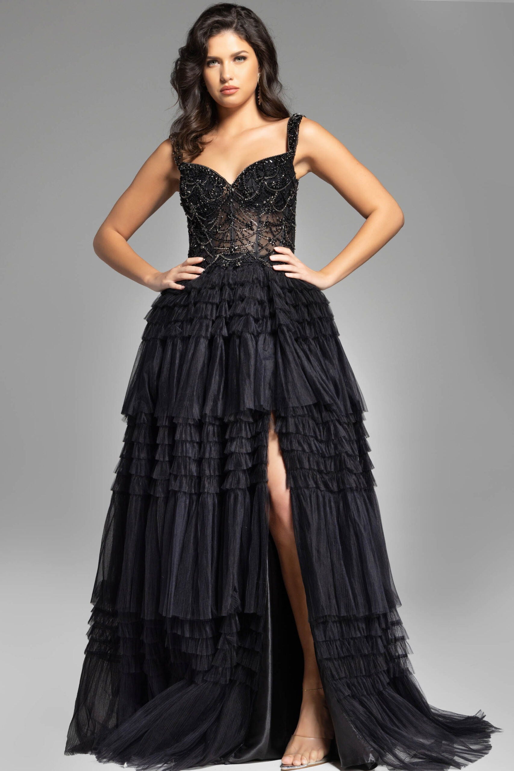 Prom Dresses Long Formal Ruffle Beaded Slit Prom Dress Jovani 37438 Black