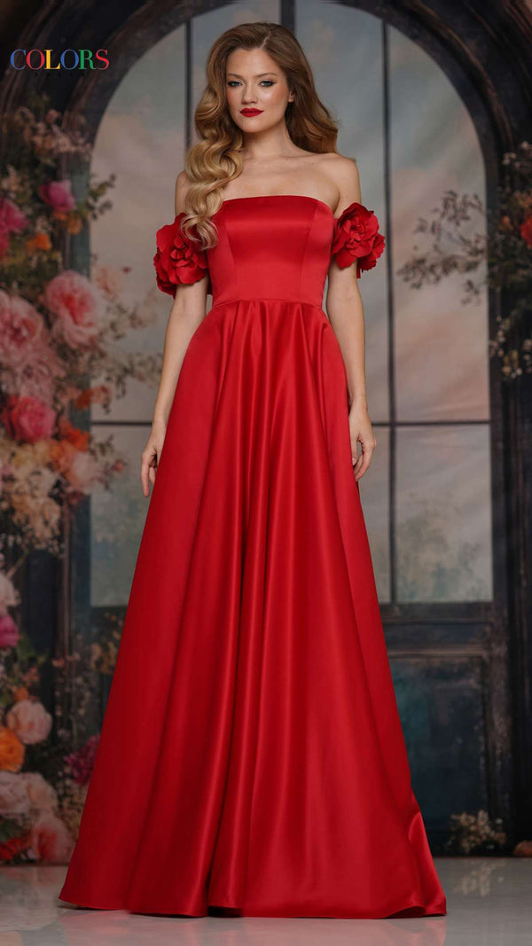 Colors 3744 A Line Long Formal Ball Gown 3D Floral Prom Dress