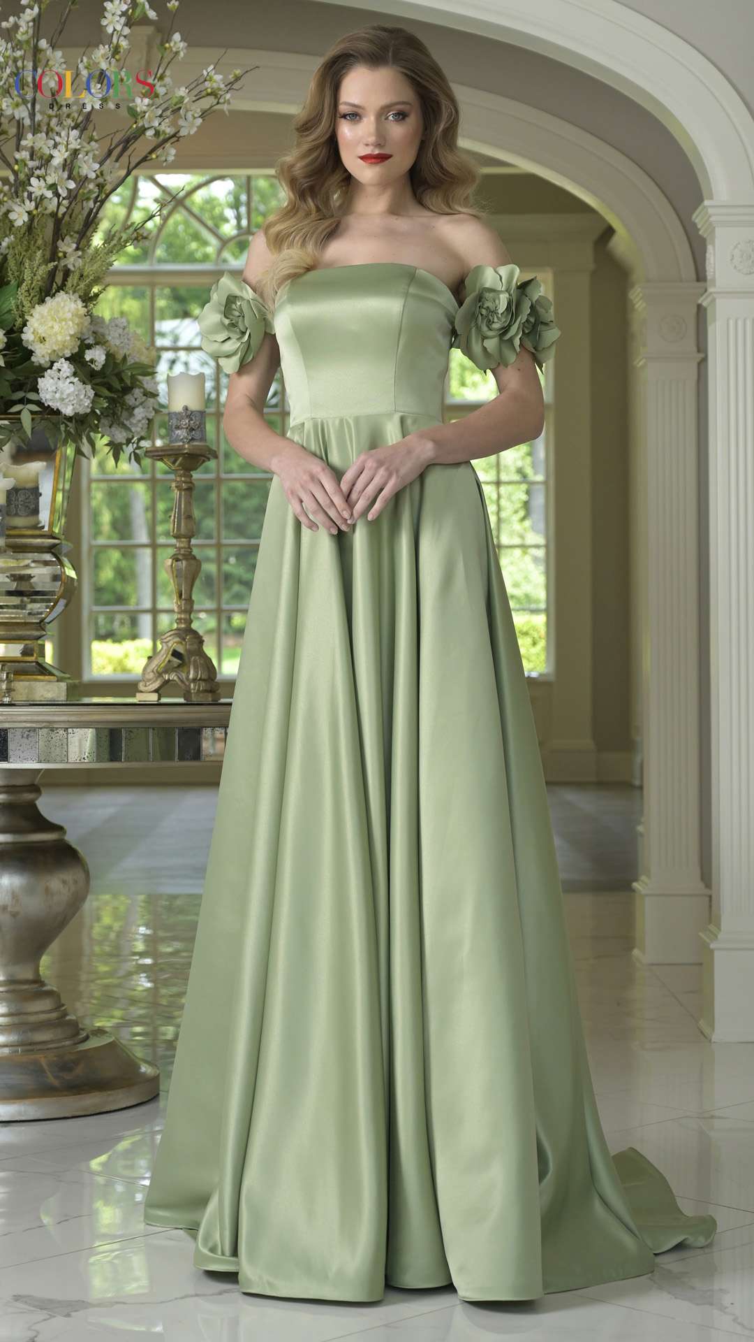 Prom Dresses A Line Long Formal Ball Gown 3D Floral Prom Dress Sage