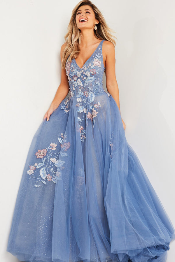 Jovani 37468 Long Ball Gown Beaded Floral Applique Prom Dress