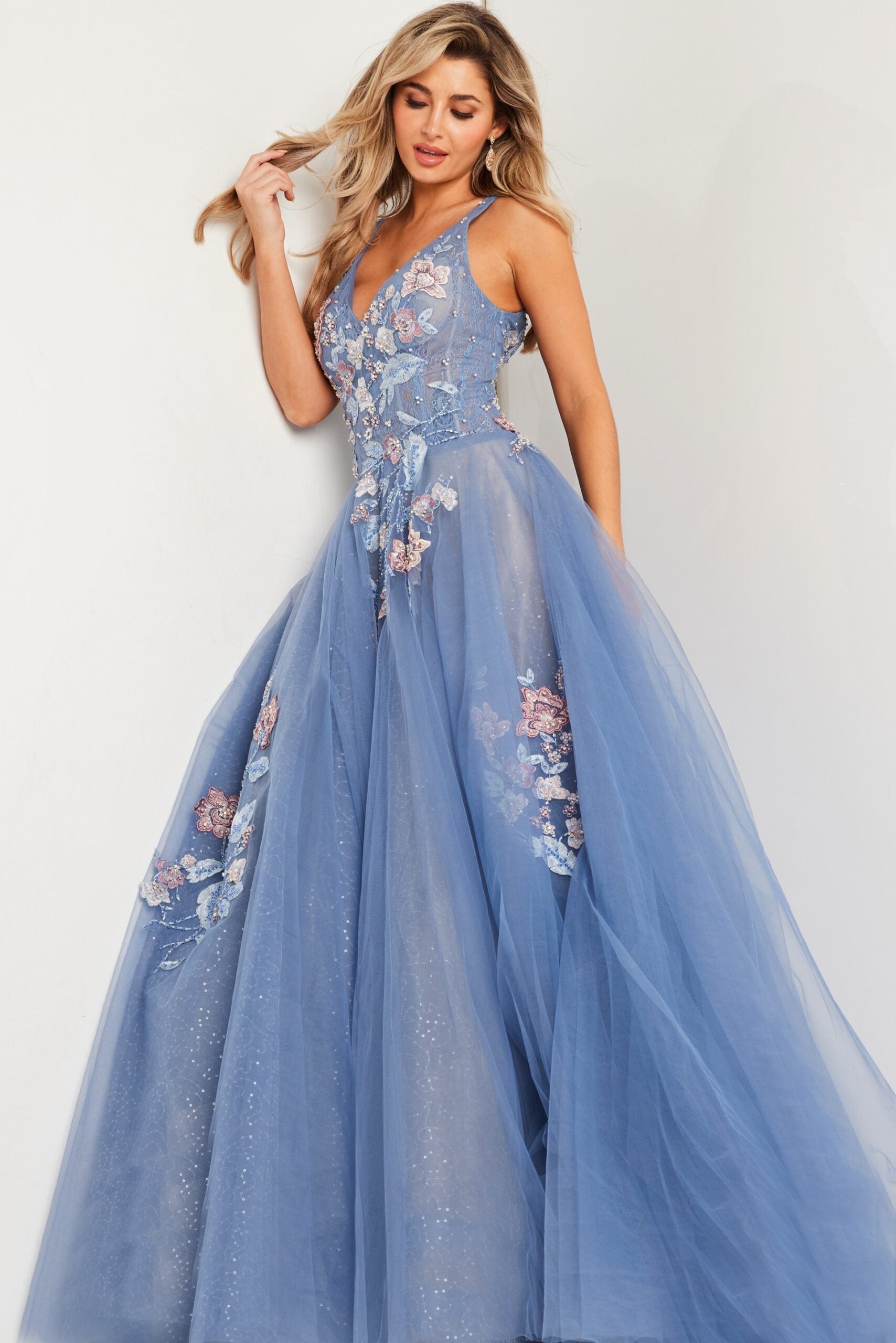 Prom Dresses Long Ball Gown Beaded Floral Applique Prom Dress Blue