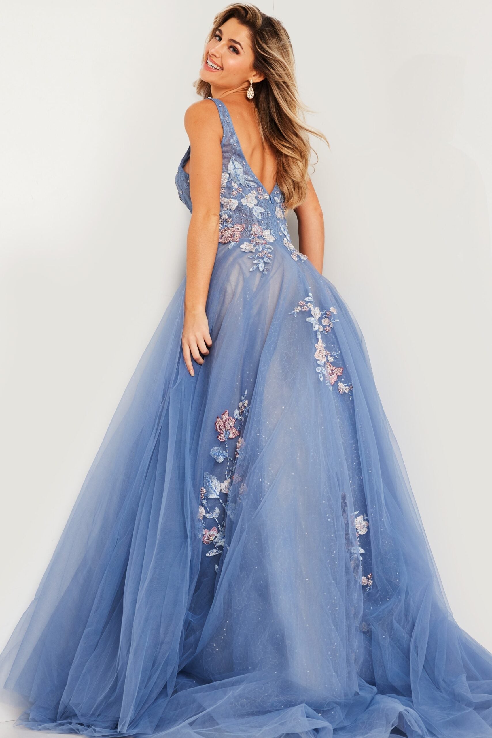 Prom Dresses Long Ball Gown Beaded Floral Applique Prom Dress Blue