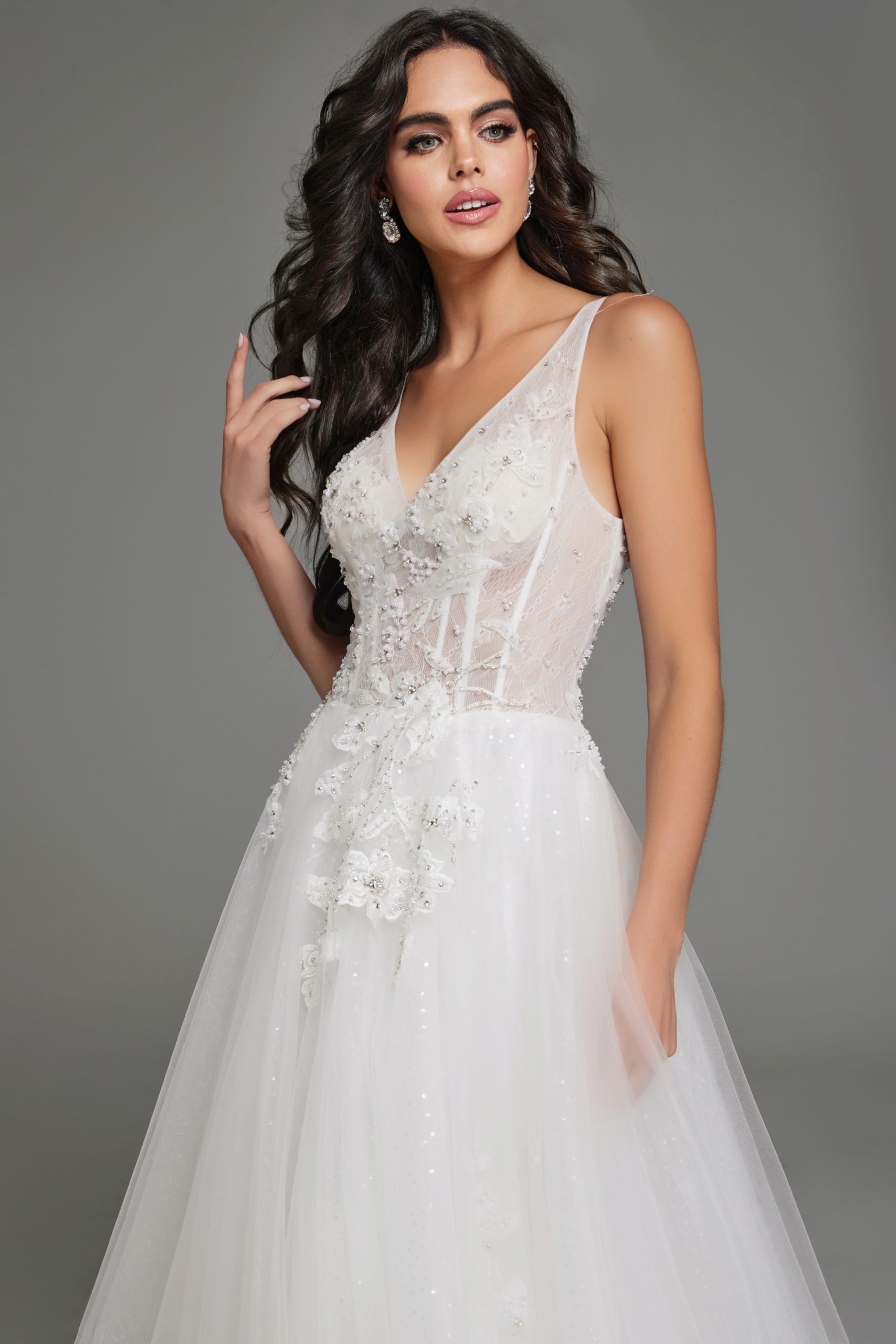 Jovani 37468 Bridal Long Ball Gown Beaded Floral Applique Wedding Dress