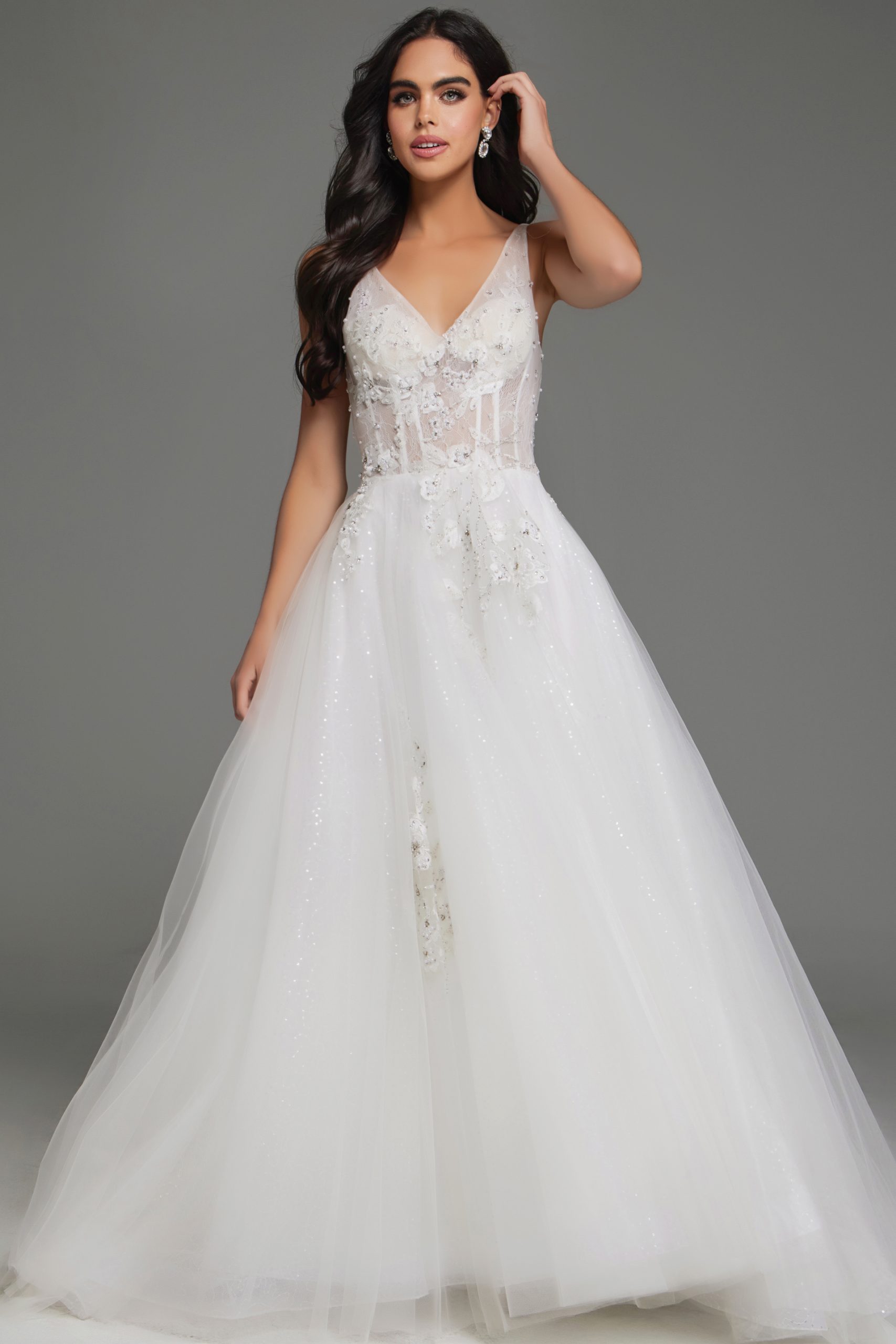 Jovani 37468 Bridal Long Ball Gown Beaded Floral Applique Wedding Dress