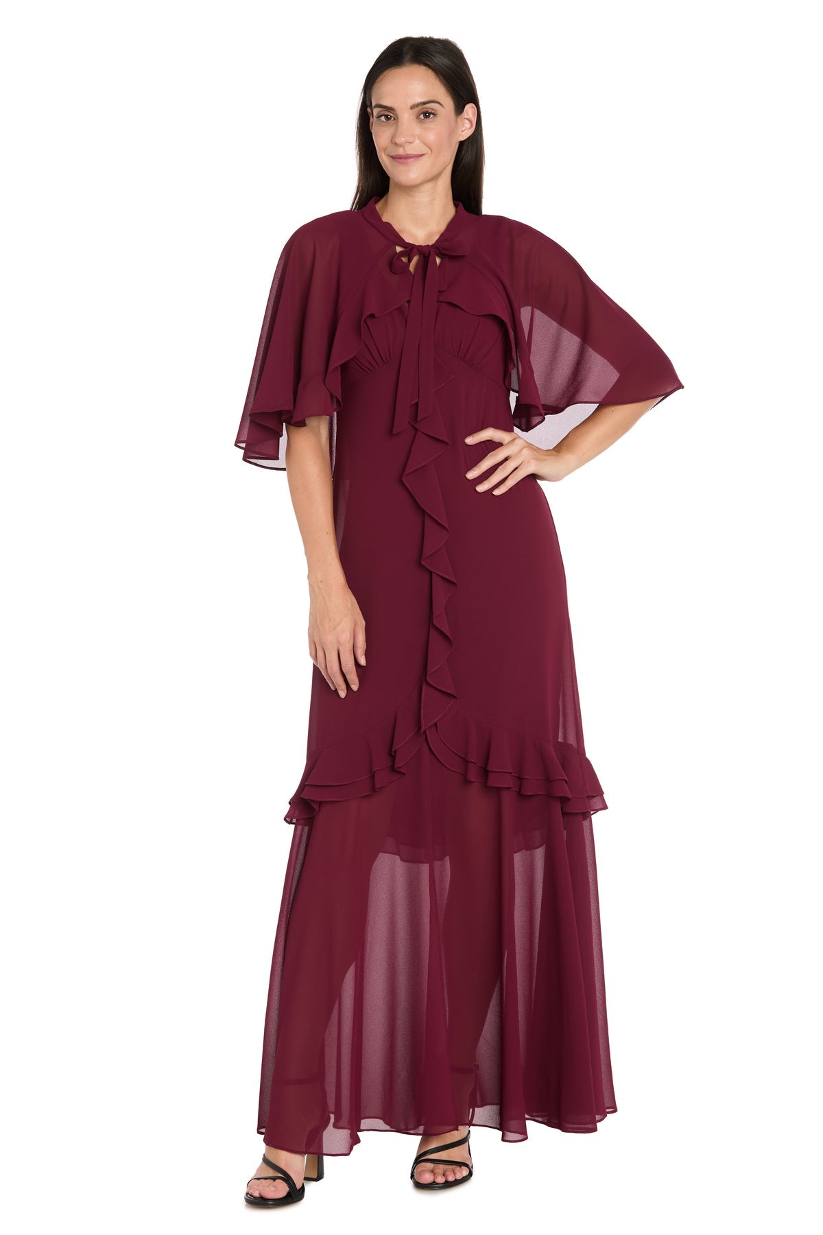 Formal Dresses Cape Ruffle Midi Cocktail Dress Wine