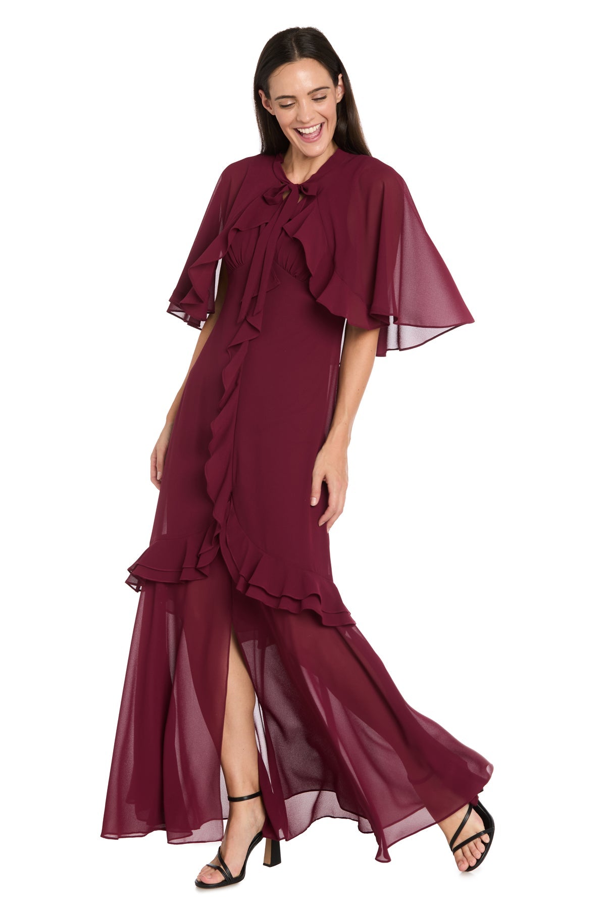 Formal Dresses Cape Ruffle Midi Cocktail Dress Wine