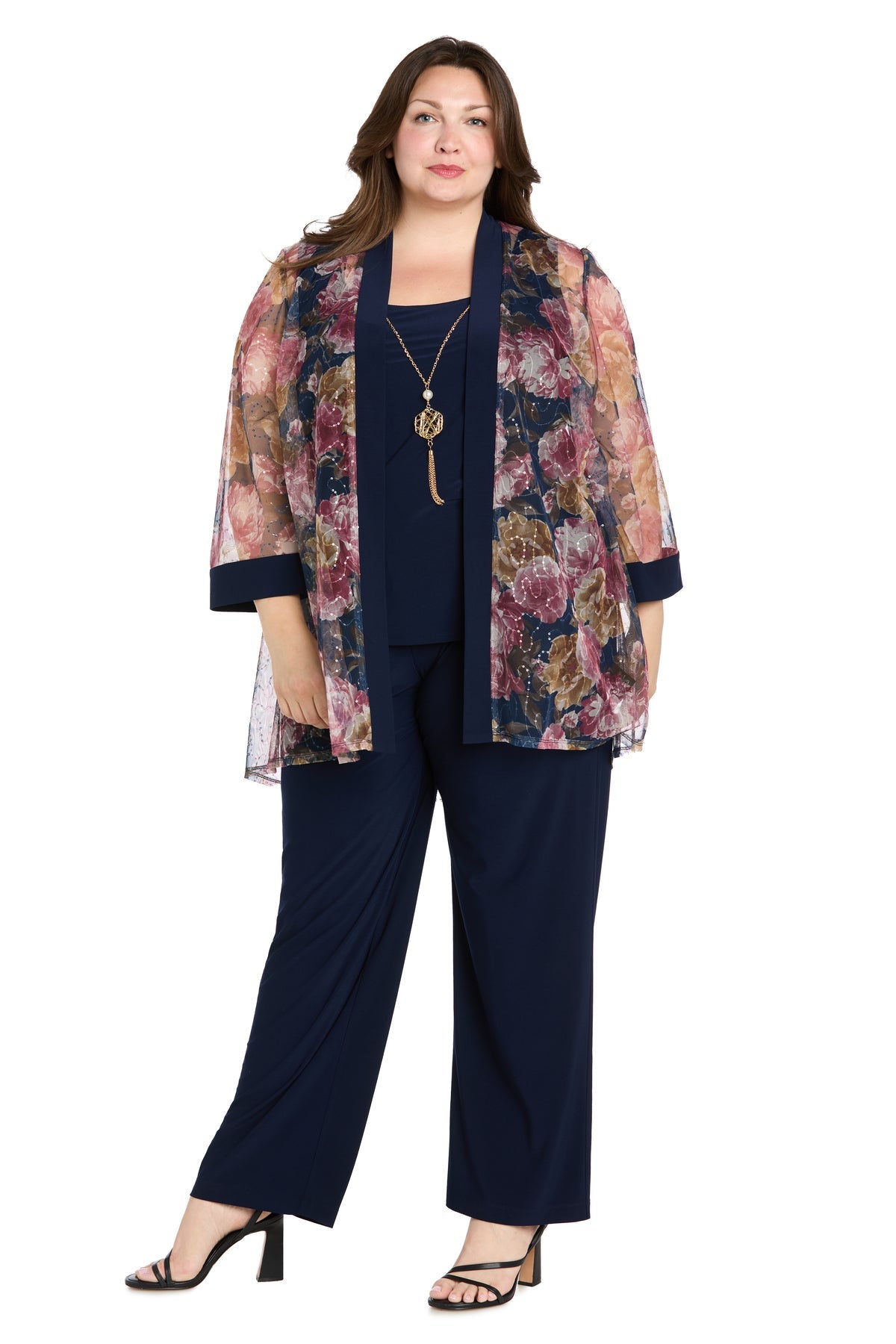 Pant Suit Long Floral Plus Size Formal Jacket Pant Suit Navy/Wine