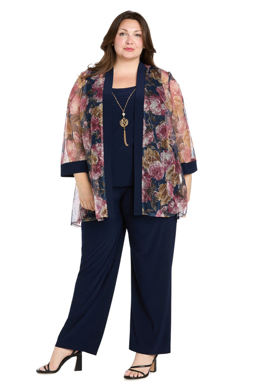 Pant Suit Long Floral Plus Size Formal Jacket Pant Suit Navy/Wine