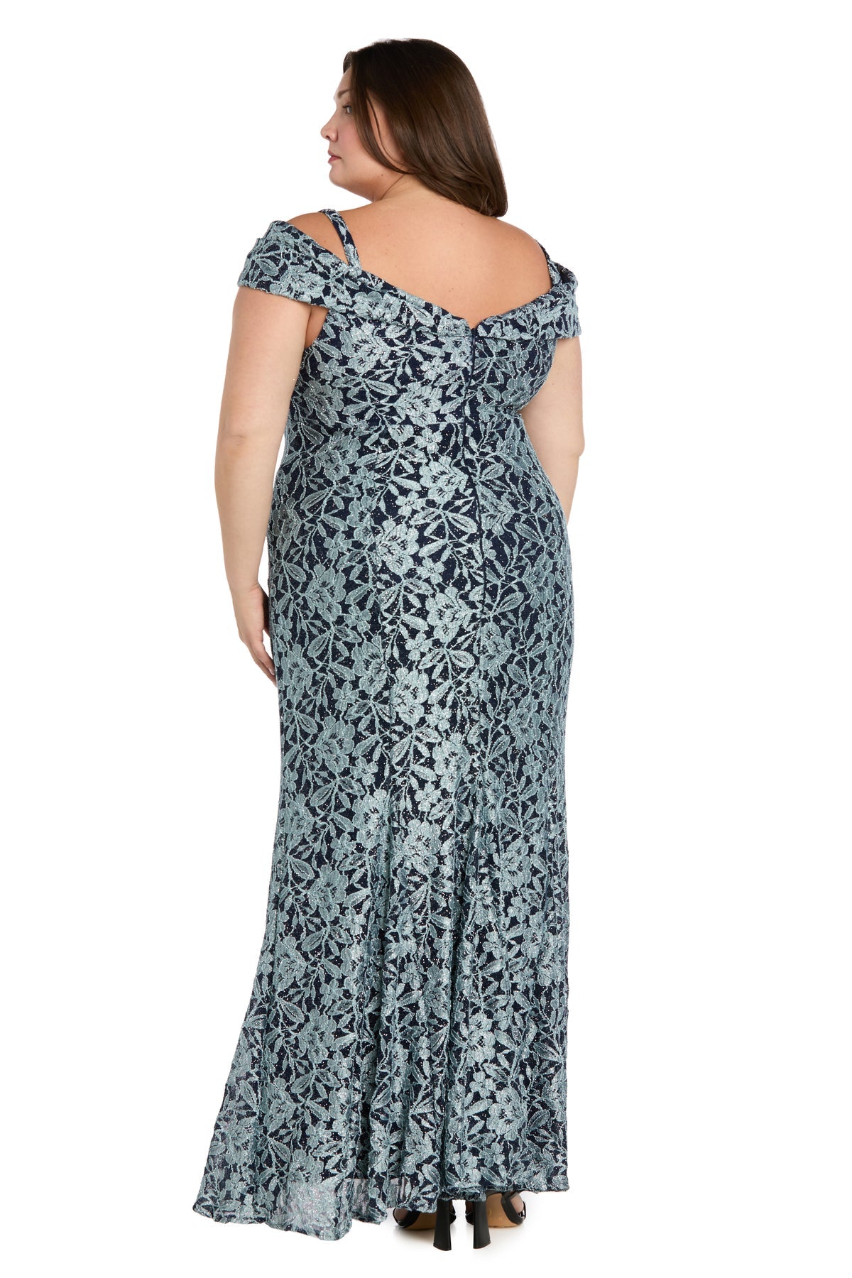Plus Size Dresses Glitter Long Lace Formal Plus Size Dress R&M Richards 3754W Navy/Slate
